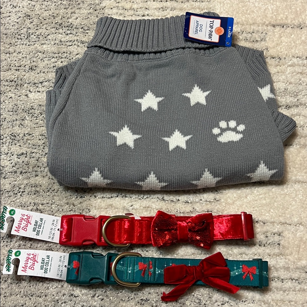 XL dog sweater gray NWT plus two collars!